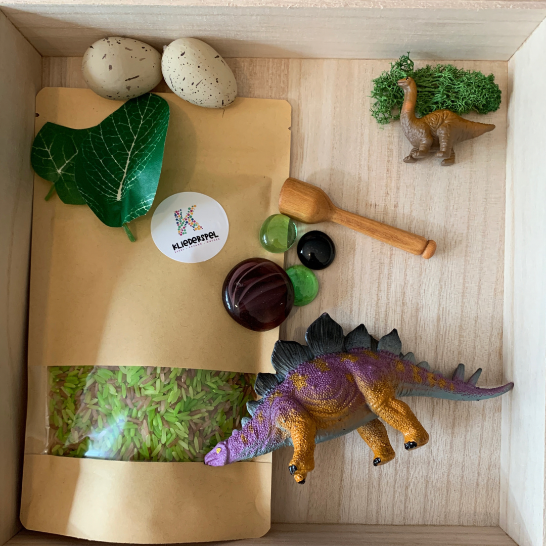 Sensorische mini Dinosaurus speelbox + Bak en deksel
