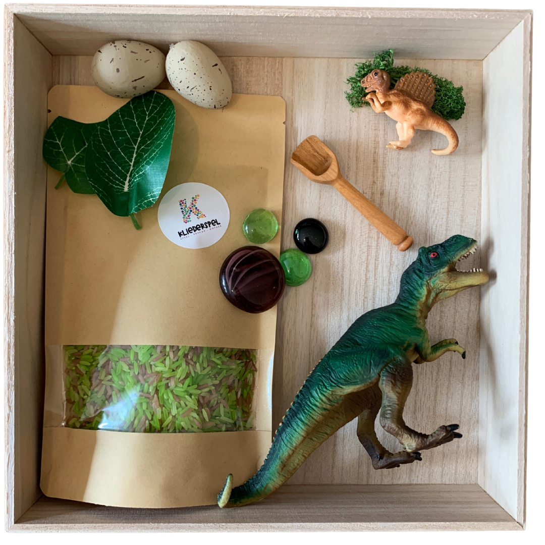 Sensorische mini Dinosaurus speelbox + Bak en deksel