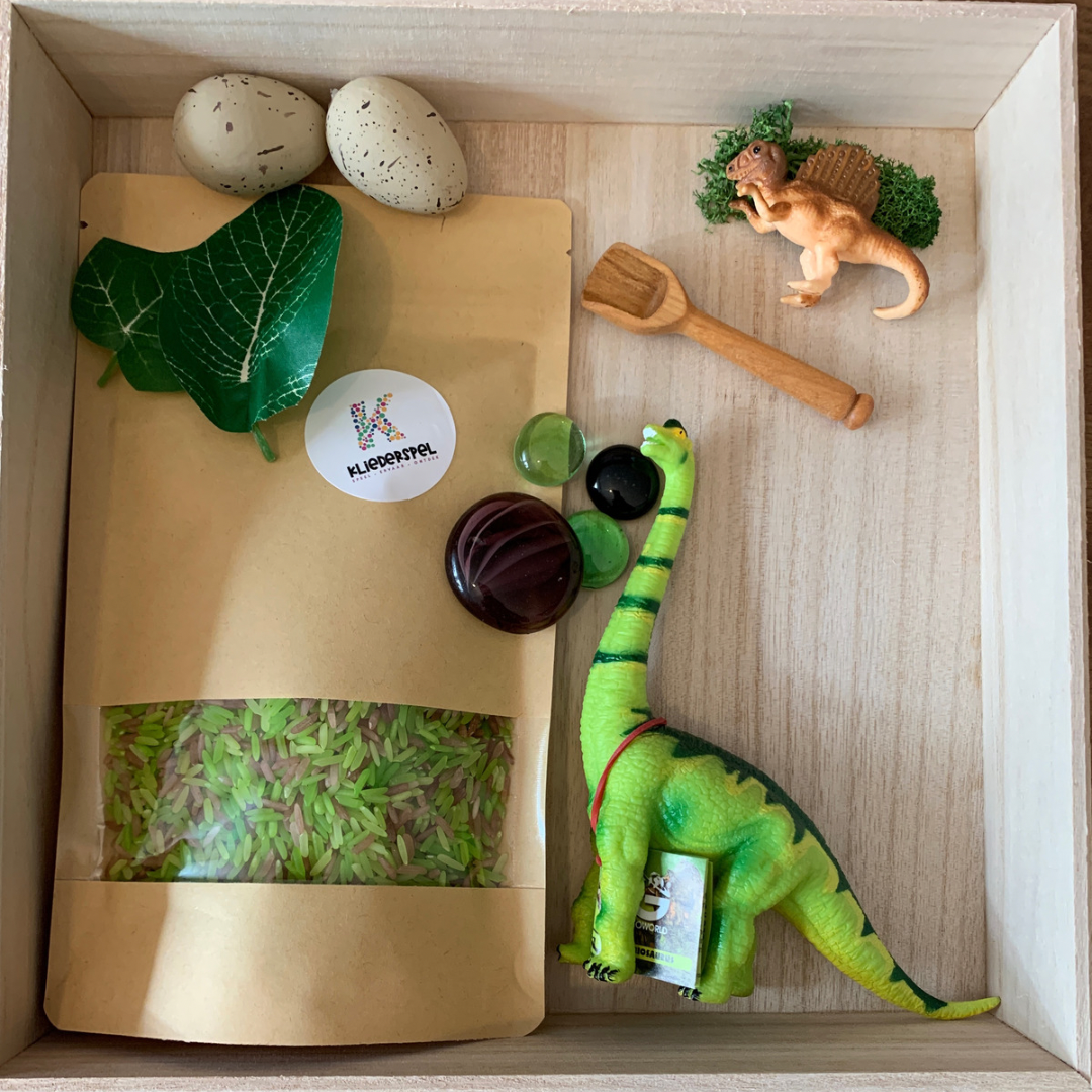 Sensorische mini Dinosaurus speelbox + Bak en deksel