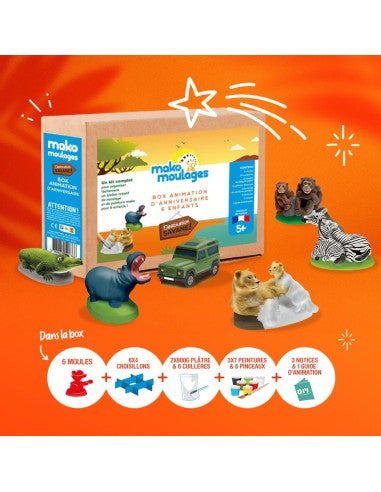 Mako Moulages - Verjaardagsbox voor 6 kinderen Wilde dieren en Jeep