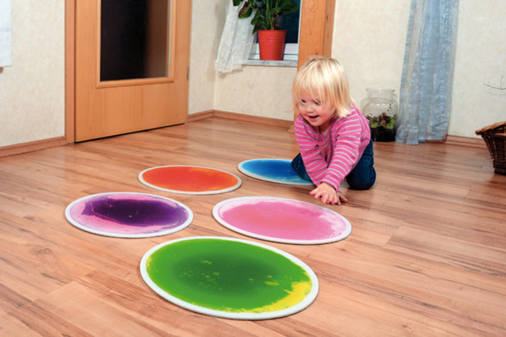 Educatieve Sensorische speeltegels - (rond) in 5 verschillende kleuren.