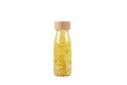 Sensorische fles – Goud glitters en pompomps (float sensory bottle)