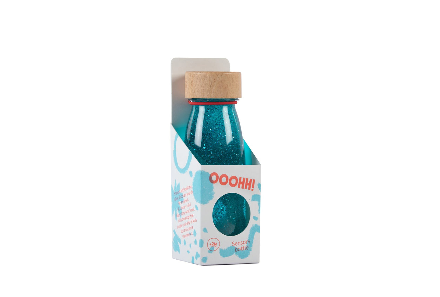 Sensorische fles – Turquoise glitters en pompomps (float sensory bottle)